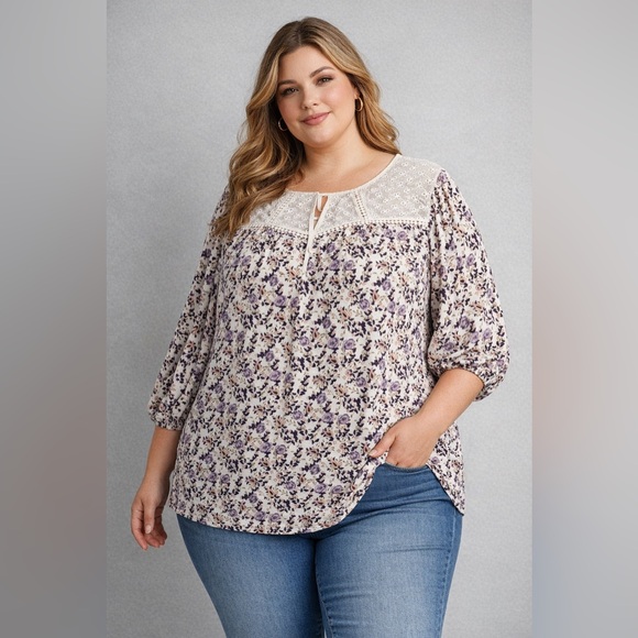 MELLODAY Tops - Melloday Women's Plus Sz 3X Multicolor Floral Prints Lace Lightweight Blouse Top